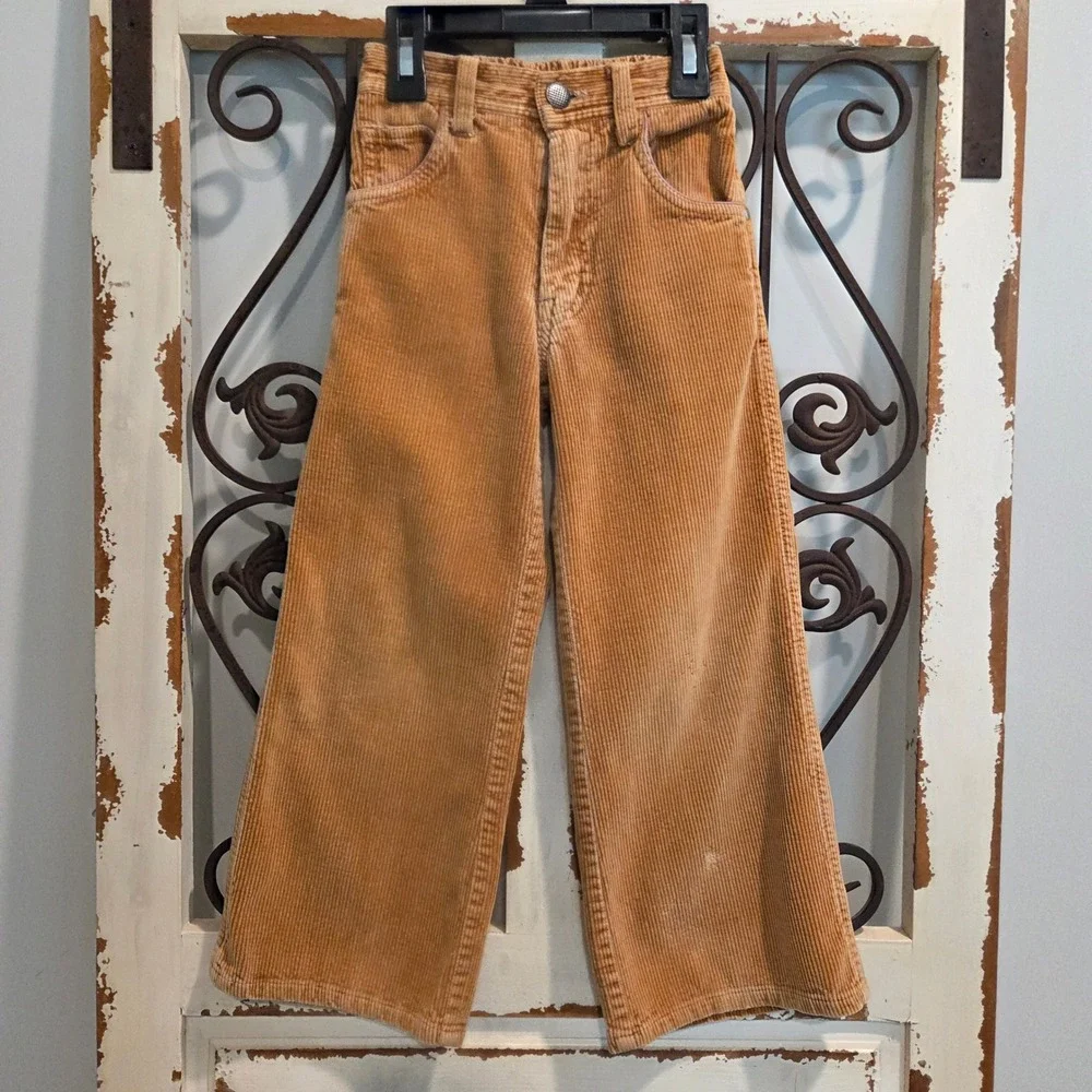 Vintage Wear Me Corduroy Pants Girls 5 High Waisted Tan Wide Leg Pink Trim